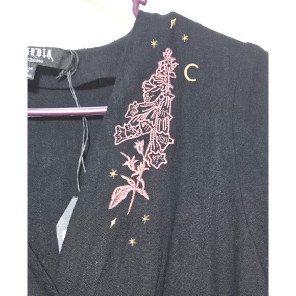 Disturbia Embroidered Foxglove V-neck Mini Dress 8 Whimsigoth Witch Black Gothic - Picture 4 of 16